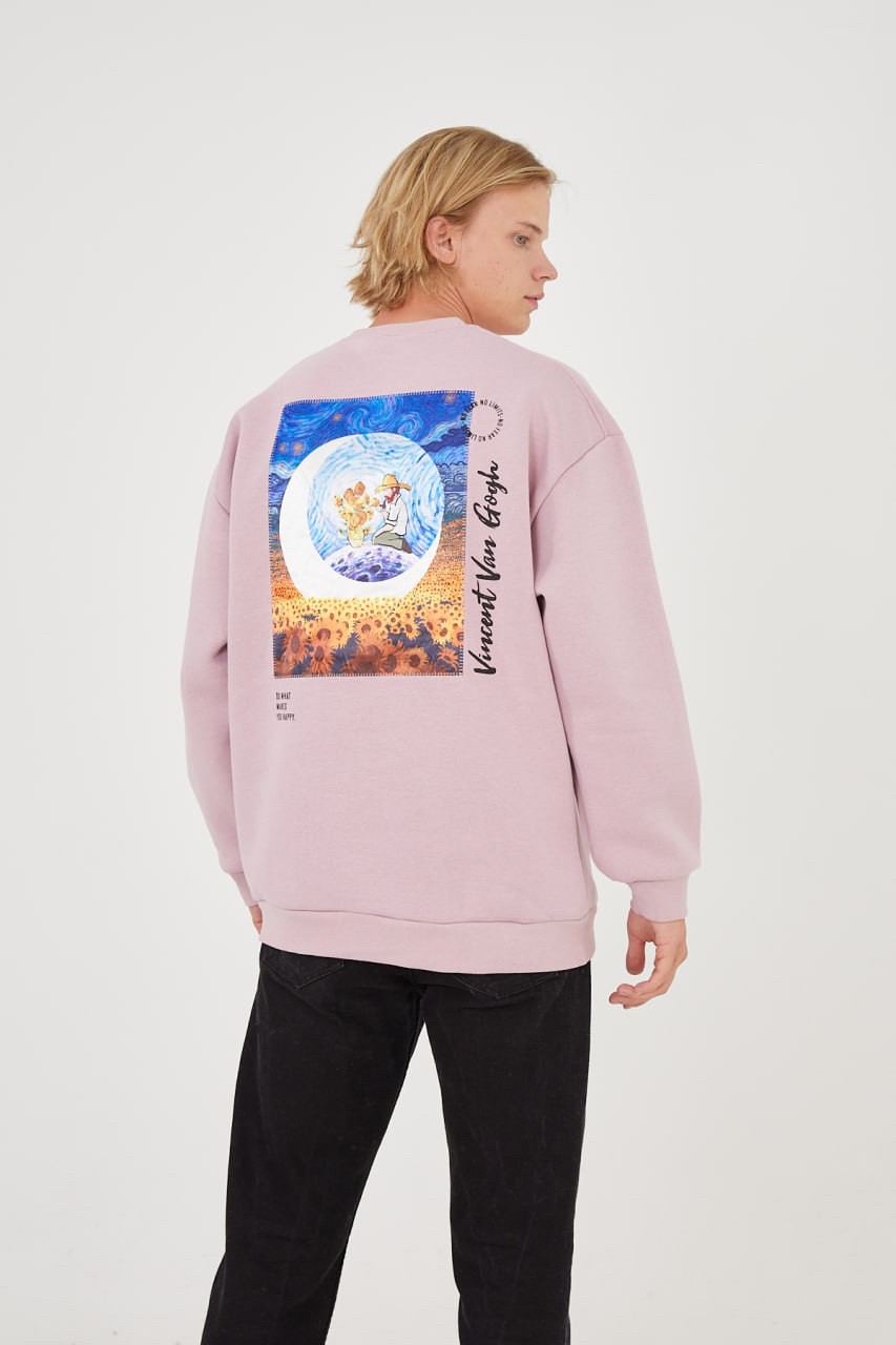 6636.jpg UNISEX VAN GOGH "Do Whatever Makes You Happy" Oversized Sweater in Pink - Image 1
