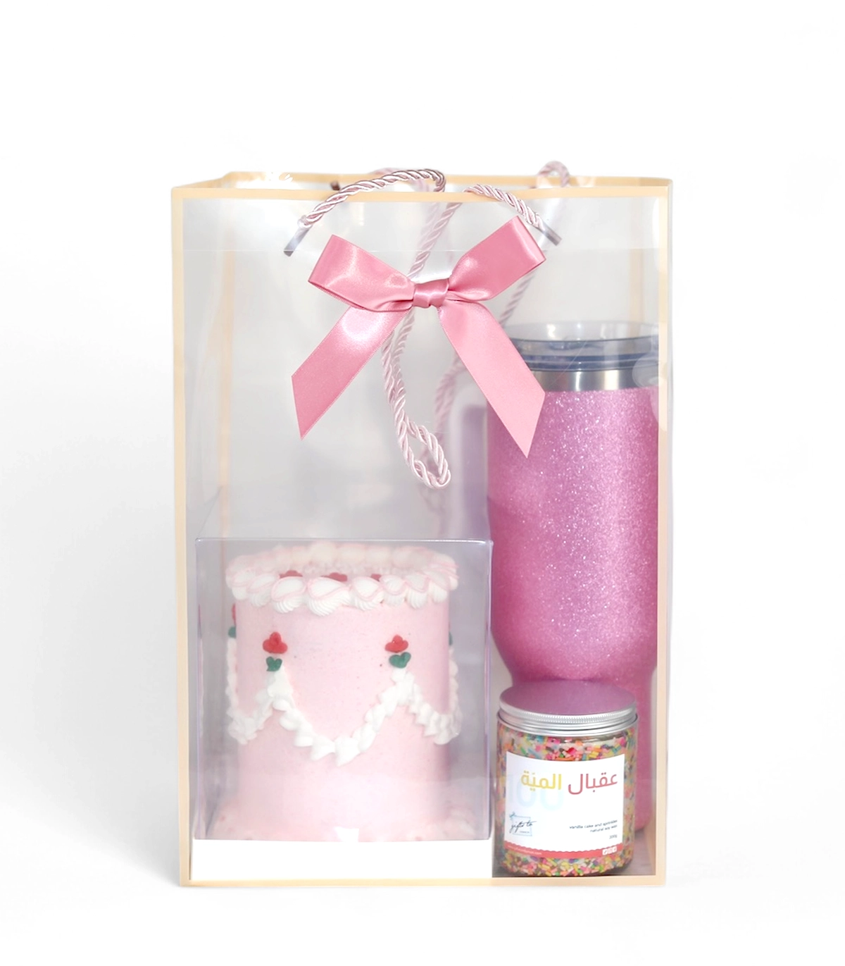 Pink Glitter Tumbler & Birthday Cake Candle Gift Bag Pink Glitter Tumbler & Birthday Cake Candle Gift Bag - Image 1