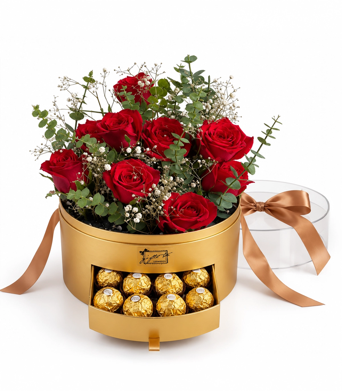 Flowers and Ferrero Golden Romance – Red Roses & Ferrero Rocher Flower Box - Image 1