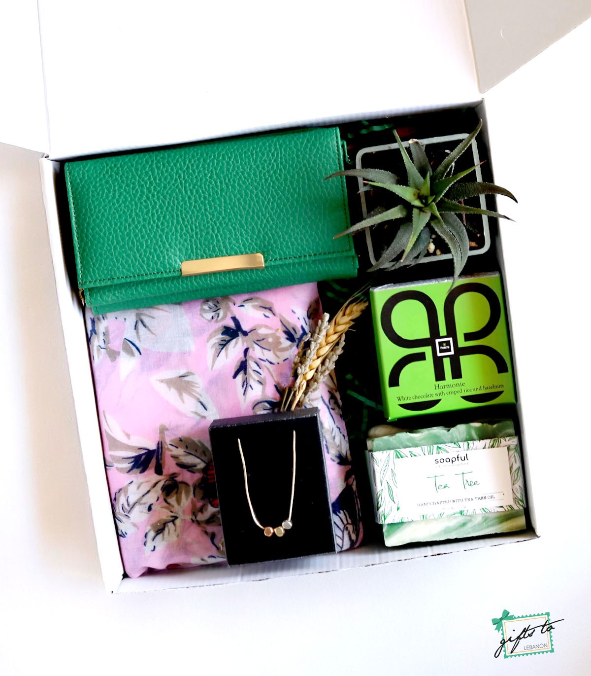 Floral Scarf and Green Leather Wallet Gift Box